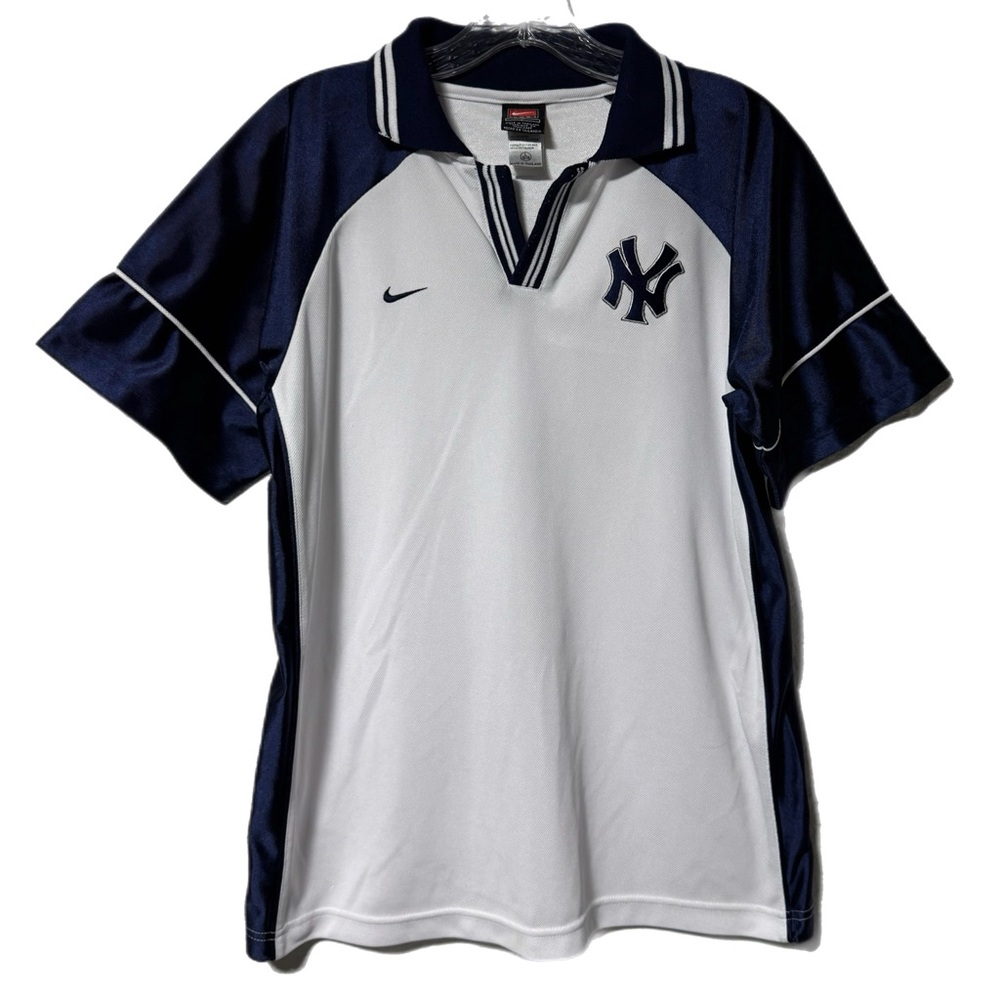 Vintage Nike New York Yankees Polo Shirt White Navy Youth Large 16 18 MLB